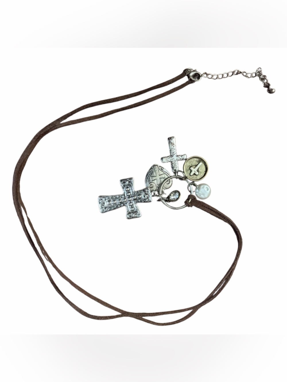 Boho Faith Cross Charm Necklace Brown Suede Look Cord Silver Tone Pendant